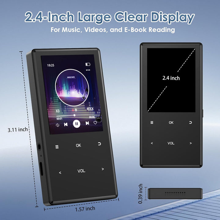 MP3-Player Bluetooth 5.0, 2,4 Zoll tragbarer MP3-Player 64 GB – HiFi-Audio-Player mit FM-Radio, Reco