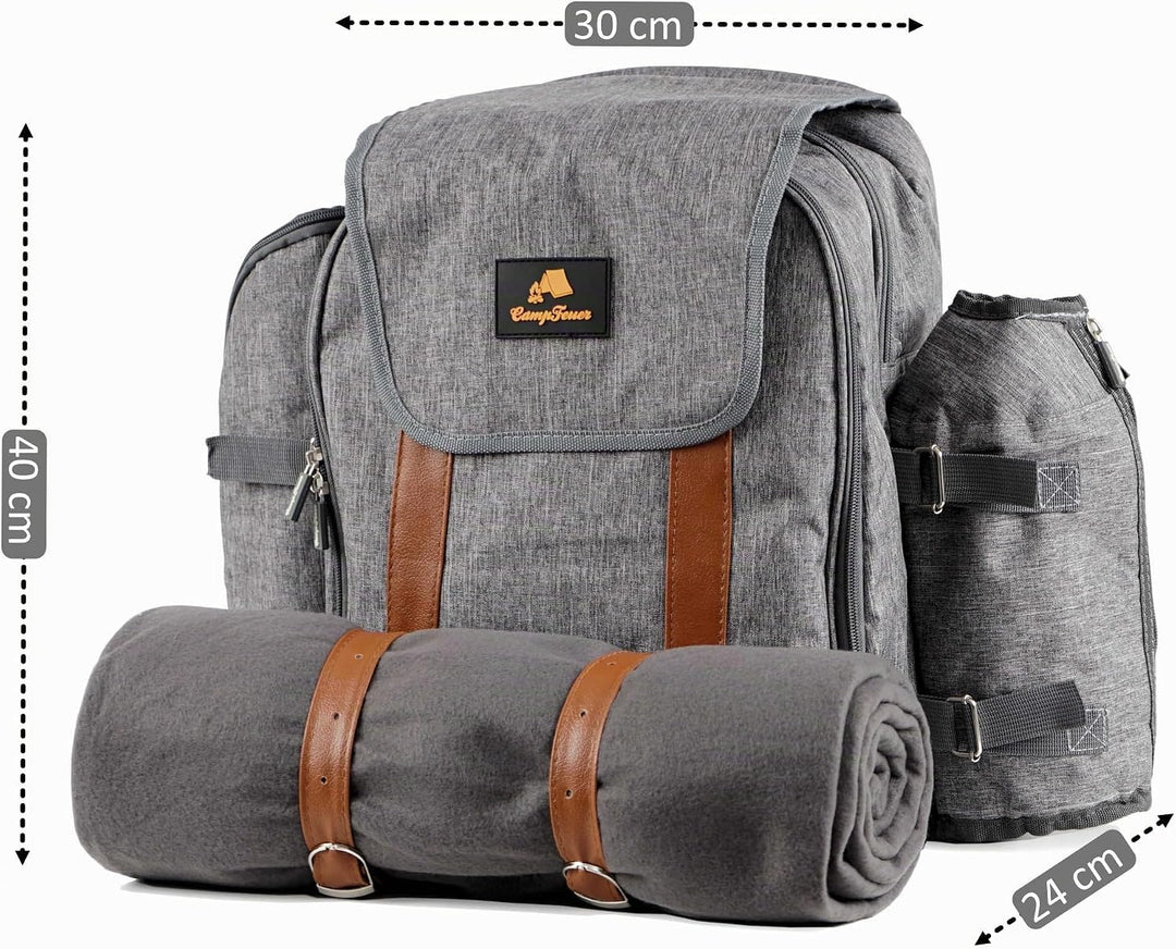 CampFeuer Picknickrucksack für 4 Personen | Picknickset 32-teilig | grau | mit Flaschenhalter, Pickn