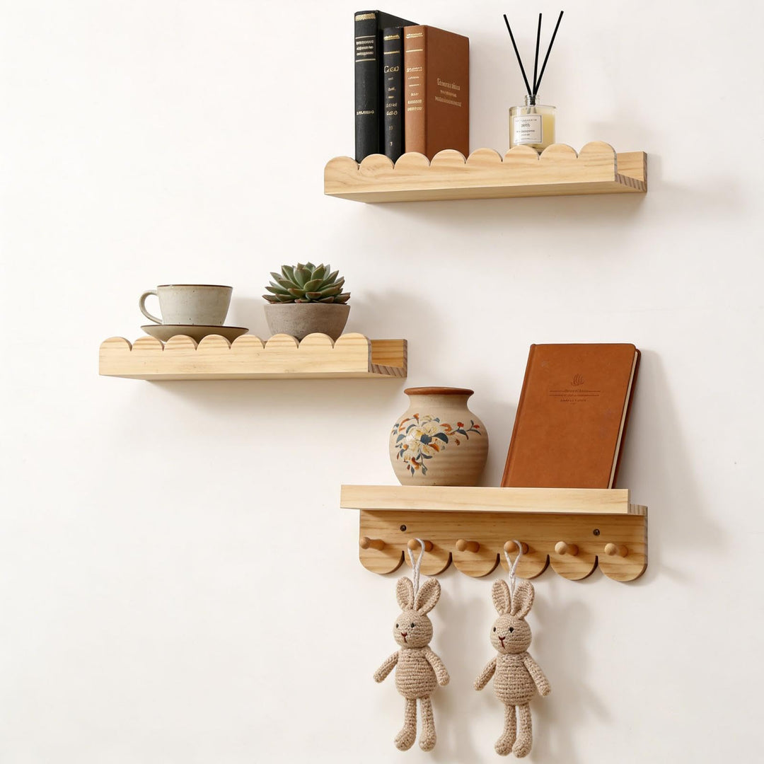 Wandregal Kinderzimmer 3er-Set Massivholz, Montessori Schwebregal 40cm mit sanften Rundungen, Bücher