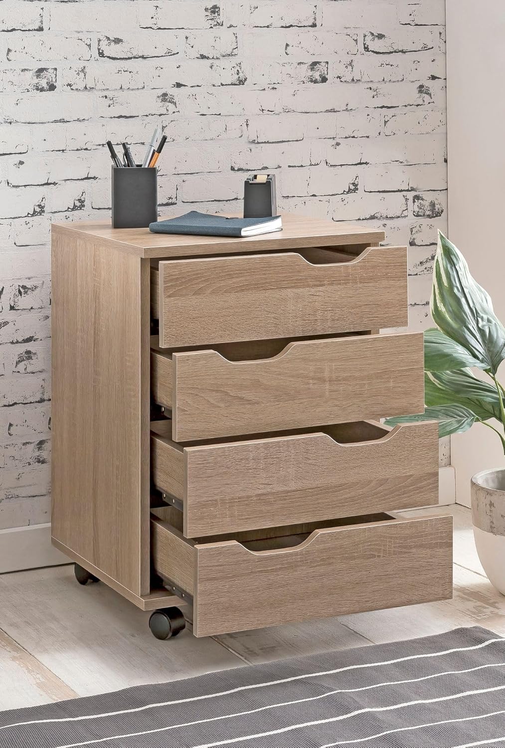 Wohnling Rollcontainer 40x40x60 cm Sonoma mit Schubladen | Schreibtischcontainer mit 4 geräumigen Sc