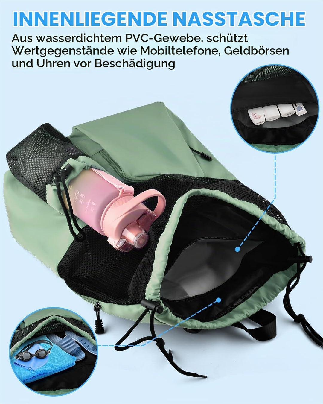 BROTOU Schwimmen Tasche, Schwimmtasche Mesh-Rucksack mit Kordelzug, Strandrucksack Turnbeutel Sportb