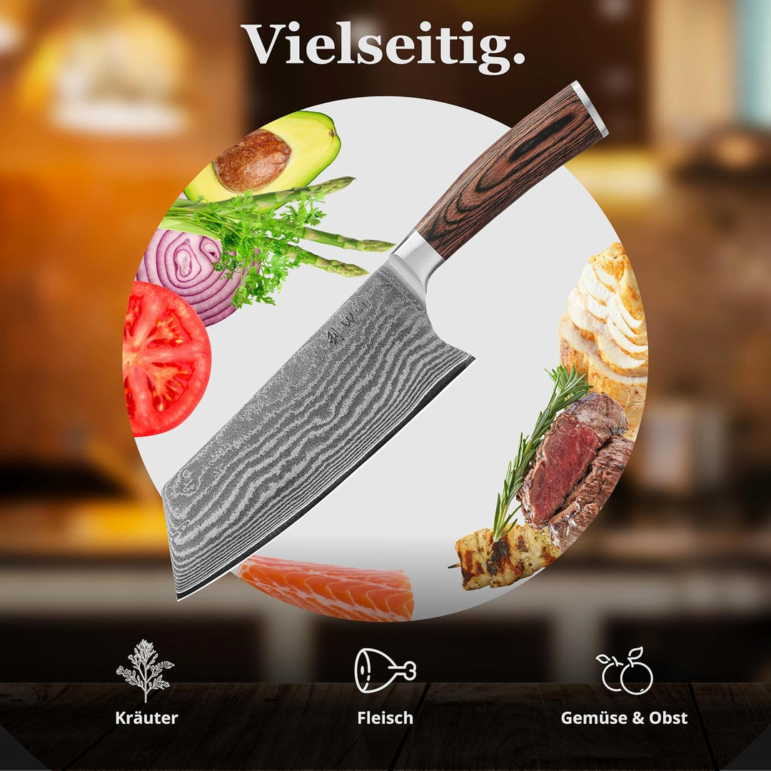 Wakoli EDIB Chai Dao Kochmesser mit Gravur – Personalisiertes Messer, 19cm Klinge aus 67 Lagen Damas