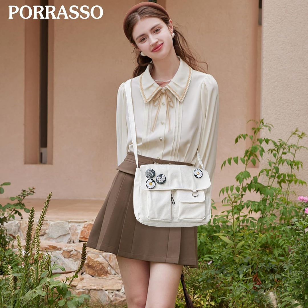 PORRASSO Casual Umhängetasche Damen Canvas Schultertasche Mädchen Messenger-Tasche für Arbeit Schule