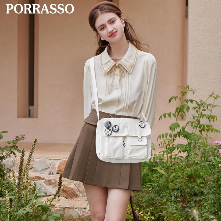 PORRASSO Casual Umhängetasche Damen Canvas Schultertasche Mädchen Messenger-Tasche für Arbeit Schule