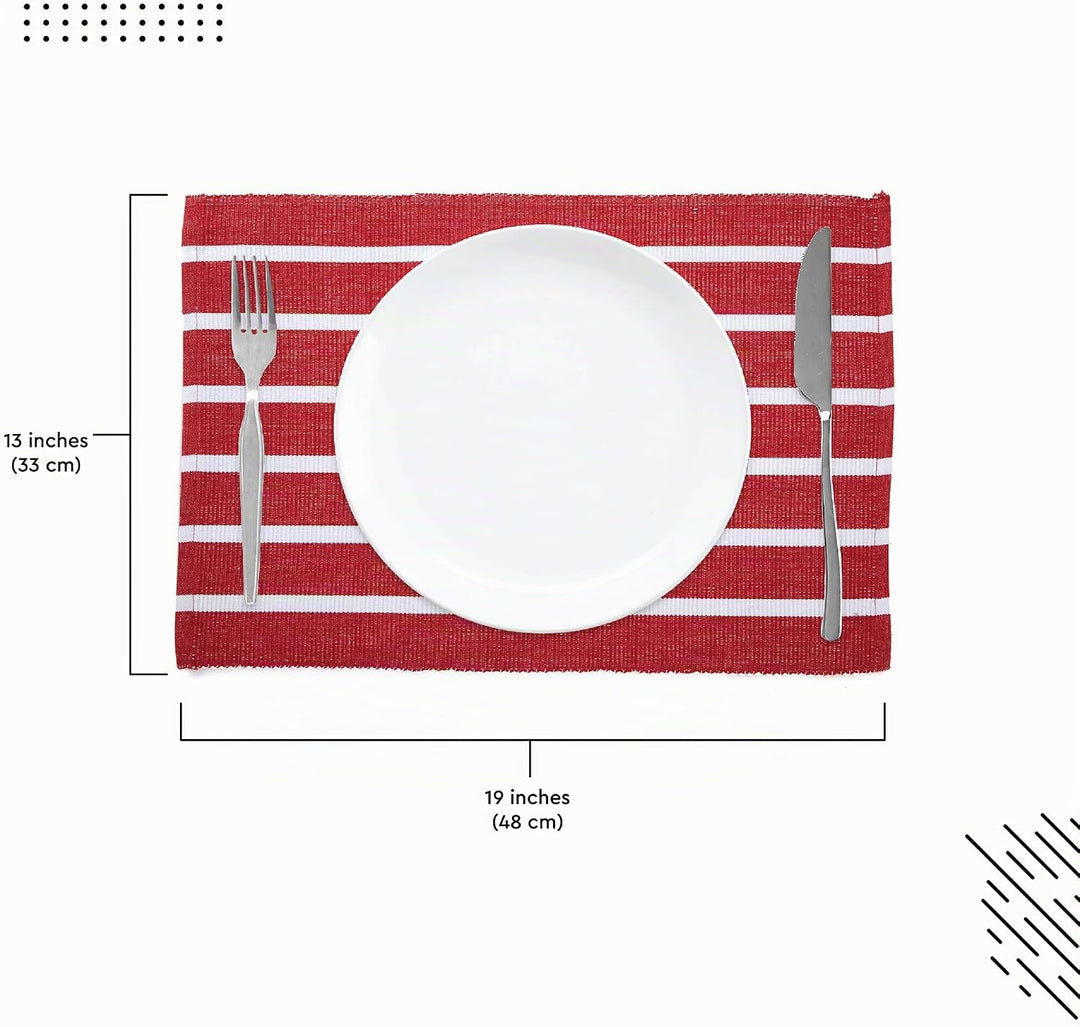 Encasa XO Platzsets Esstisch Set von 6 | Roma rote Streifen | Fein gerippte Baumwoll-Tischunterlage