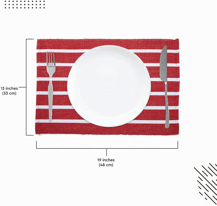 Encasa XO Platzsets Esstisch Set von 6 | Roma rote Streifen | Fein gerippte Baumwoll-Tischunterlage
