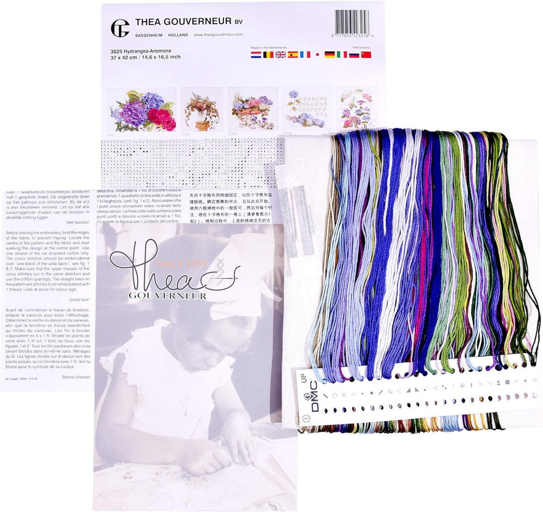 Thea Gouverneur - Kreuzstich-Set - Hortensien-Anemone - Leinen - 32 Count - Für Erwachsene - 3025, H