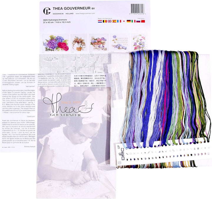 Thea Gouverneur - Kreuzstich-Set - Hortensien-Anemone - Leinen - 32 Count - Für Erwachsene - 3025, H