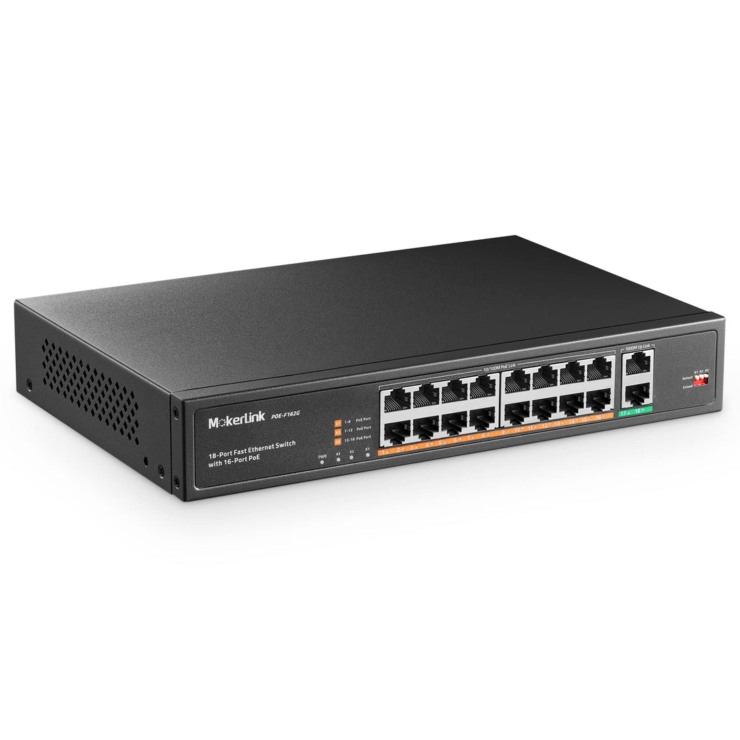 MokerLink 18 Port PoE Switch, 16 PoE+ 10/100Mbps, 2 Gigabit Uplink , 250W Hochleistung, Unterstützun