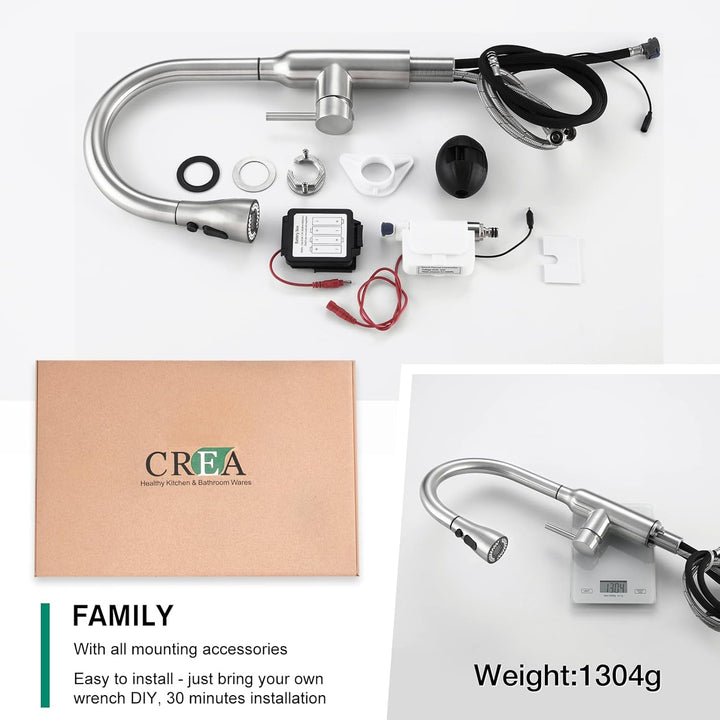 CREA Touch Sensor Wasserhahn Armatur Küche Ausziehbar, Küchenarmatur mit Brause Zwei Wasserstrahlart