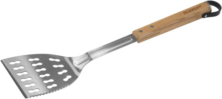 FEUERGOTT Grillbesteck-Set 4 Teile Edelstahl, Zedernholz, Lederschlaufen, Grillbesteck mit Grillzang