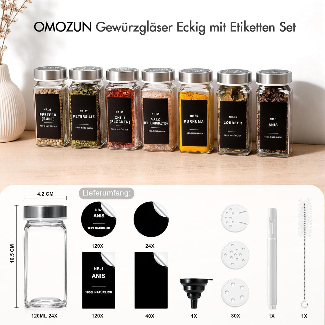 Gewürzgläser eckig mit Edelstahl Deckel Set 24er :120 ml Gewürzdosen Glas mit Etiketten & Streueinsa