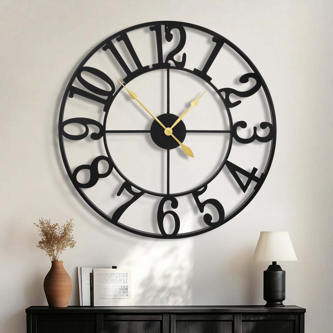 HAITANG Grosse Wanduhr im Vintage-Stil, schwarz Wanduhr rund, Modern Metall lautlos Nicht tickend, b