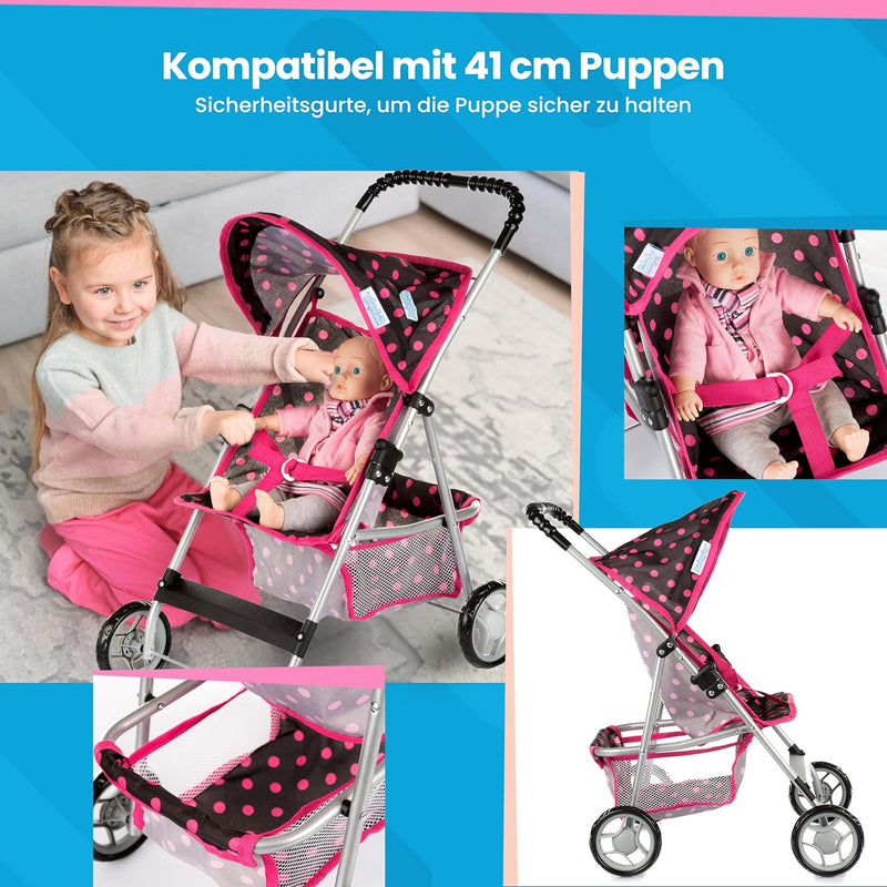 Kinderplay Puppenwagen, Puppenbuggy ab 3 Jahre - Puppen Buggy Puppe mit Anschnallgurt und Einkaufsne