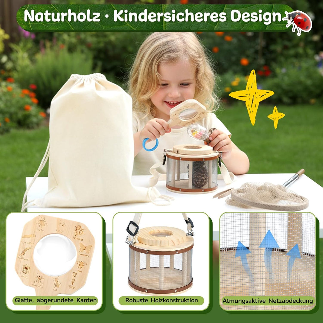 GAGAKU Holz Insektenfänger Set für Kinder – Forscherset mit Becherlupe &amp; Beobachtungsbox – Waldkinde