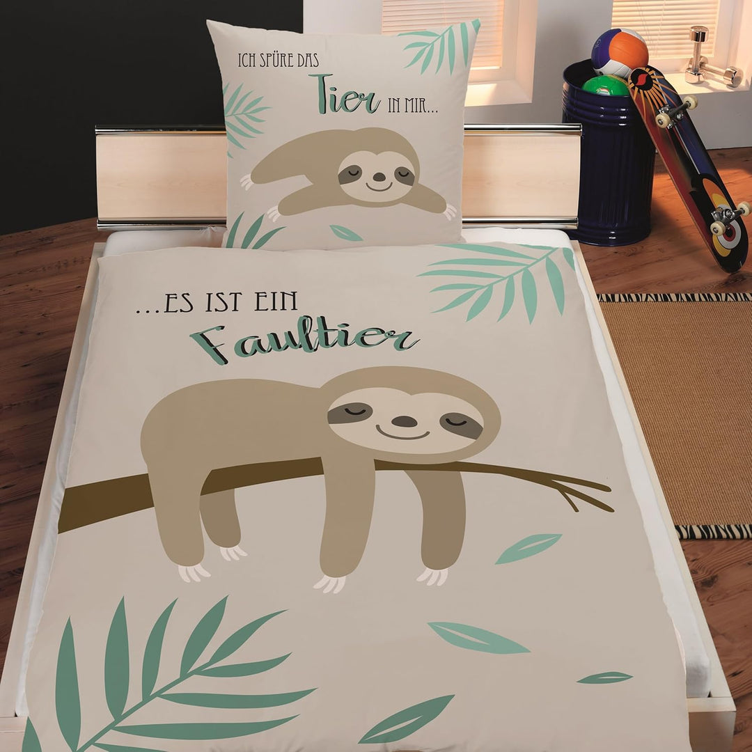 Familando Faultier Bettwäsche-Set 135x200 cm + Kissen 80x80 cm · Profi-Chiller · Kinder-Bettwäsche 1