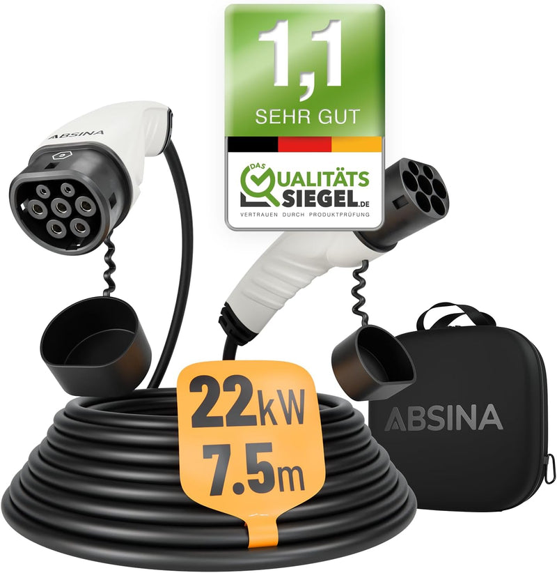 ABSINA Typ 2 Ladekabel 22kW & 32A für Hybrid & Elektroauto - 7,5 Meter Auto Ladekabel Typ2 3 phasig