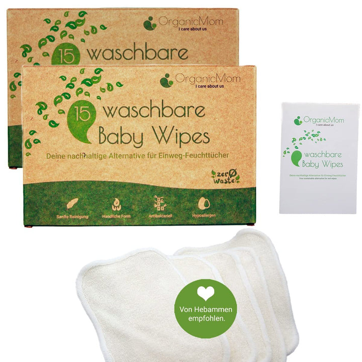 OrganicMom® Doppelpack 2 x 15 Waschbare Baby Trockentücher aus Bambus, inkl. Wäschenetz, nachhaltige