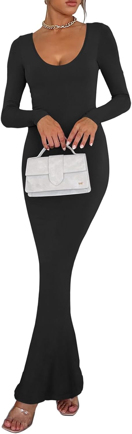 REORIA Damen Sexy U-Ausschnitt Langarm Lounge Langes Kleid Gerippte figurbetonte Maxikleider XS 01_s