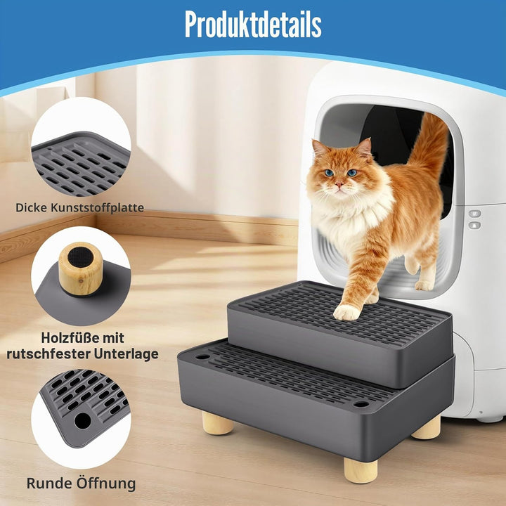 Verstellbare 2-stufige Katzentoilettenrampe, Katzen Treppen&amp;Stufen mit Holzfüsse Filterfunktion, lei