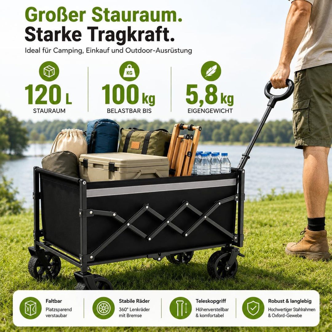 Faltbarer Bollerwagen mit Feststellbremse, 120L Grosser Strandwagen 100KG, Robuster Outdoor Transpor