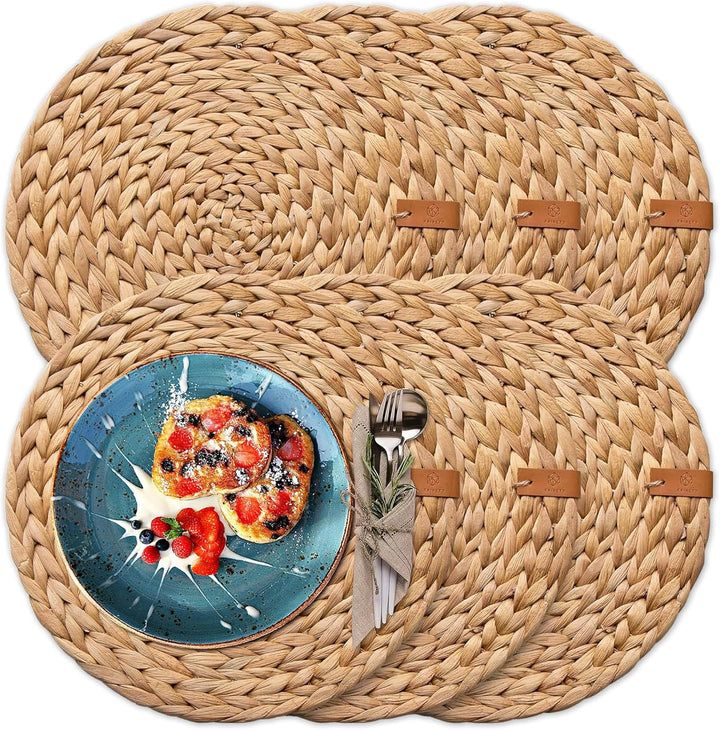 FRIHET® runde Platzdeckchen geflochten aus Wasserhyazinthe | naturverbundene Boho-Tischdeko | Tischs