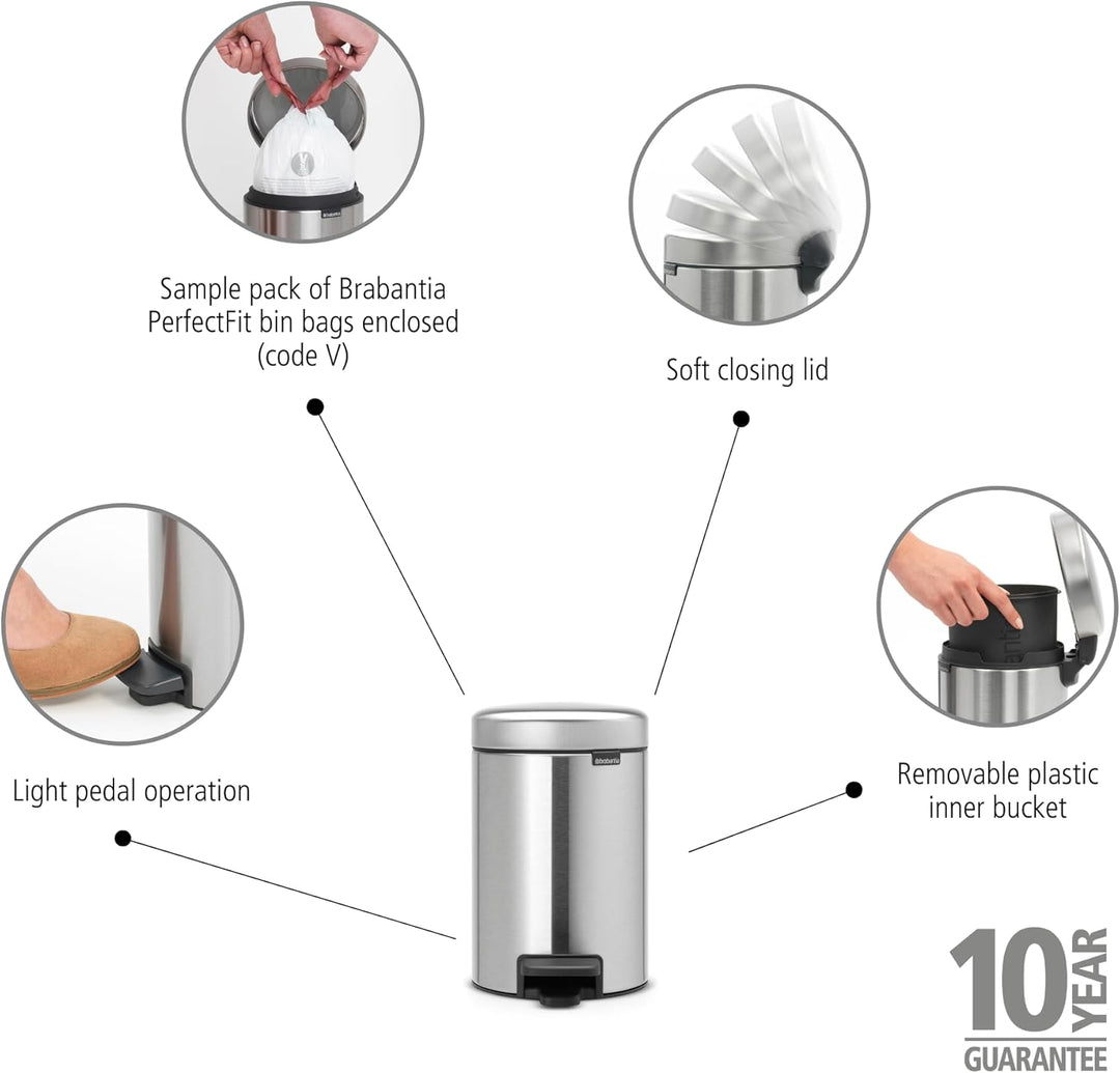Brabantia 113222 Treteimer mit Inneneimer aus Kunststoff, stahl, Matt Stahl, 3 Liter 3 Liter Matt St