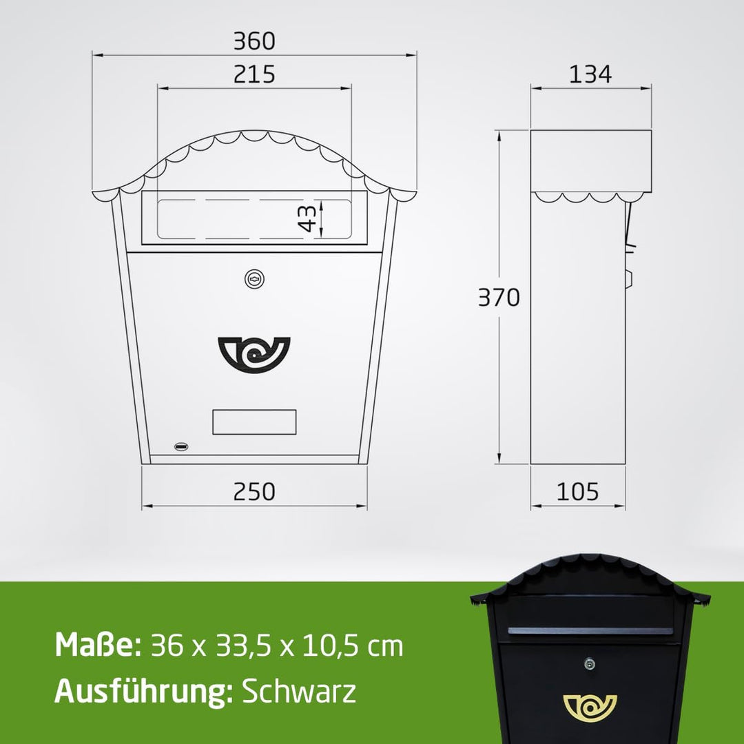 Amig - Aussenbriefkasten | Briefkasten für Wand, Mauer oder Zaun | Masse: 37 x 32 x 10,5 cm | Stahl