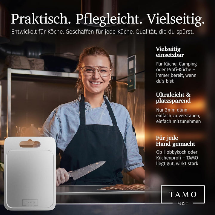 TAMO Titan Schneidebrett, mit Saftrille, aus 100% reinem Titan, hygienisch, antibakteriell & langleb