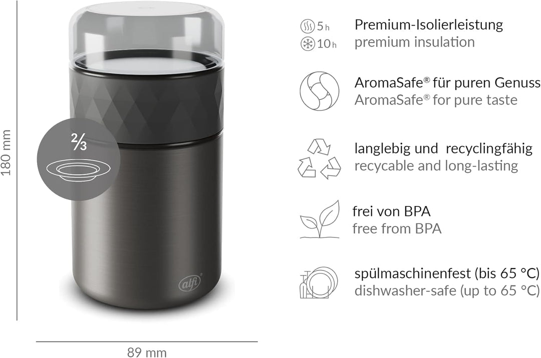 alfi ENDLESS FOOD MUG 500ml, caviar black, Thermobehälter für Essen Edelstahl mit Snackpot, 3-teilig