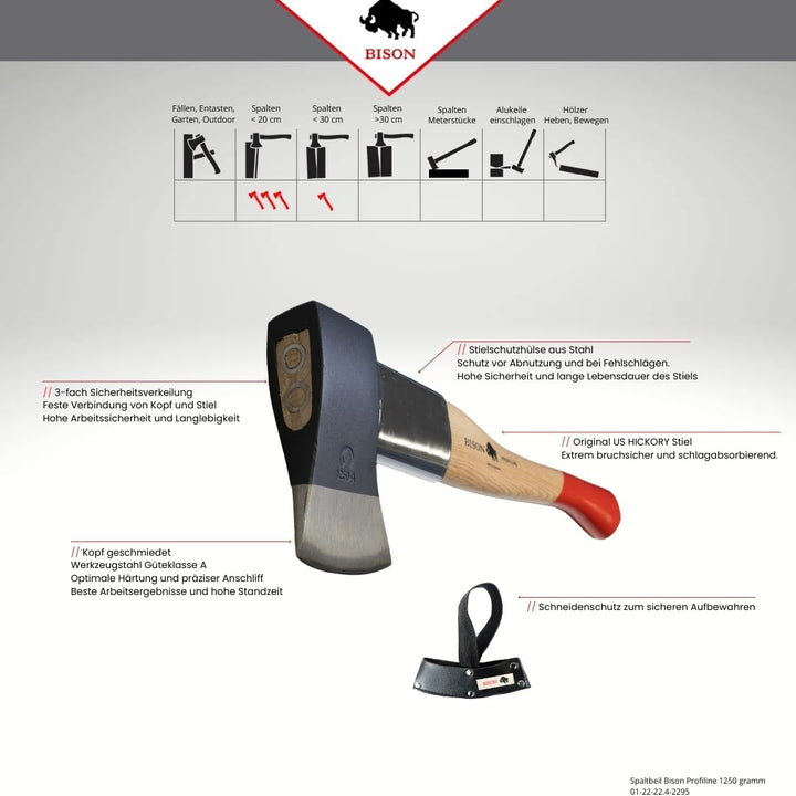 Bison Profiline Spaltbeil 1250 g, Länge 500 mm, Profiwerkzeug für höchste Ansprüche, 01-22-24.2-2295