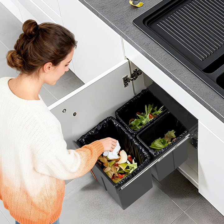 Huracan Mülleimer Küche Unterschrank Ausziehbar 40L, Mülleimer 3 Fächer, Mülltrennsystem Küche, Einb