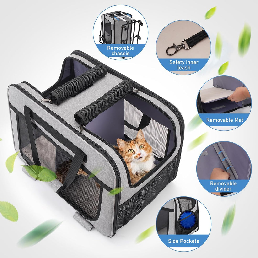 FASNATI Extra grosse Haustiertrage mit zwei Fächern und abnehmbaren Rädern für Katze/Hund, zusammenk