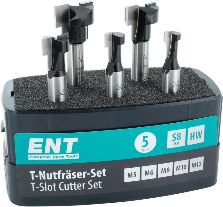 ENT 09055 5-tlg. HW T-Nutfräser-Set optimiert für M5 M6 M8 M10 M12 Sechskantschrauben, HW, Schaft (S