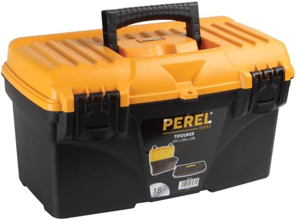 Perel Werkzeugkoffer 25,7L mit herausnehmbarer Einsatzbox, Kunststoff Toolbox mit klappbarem Griff u