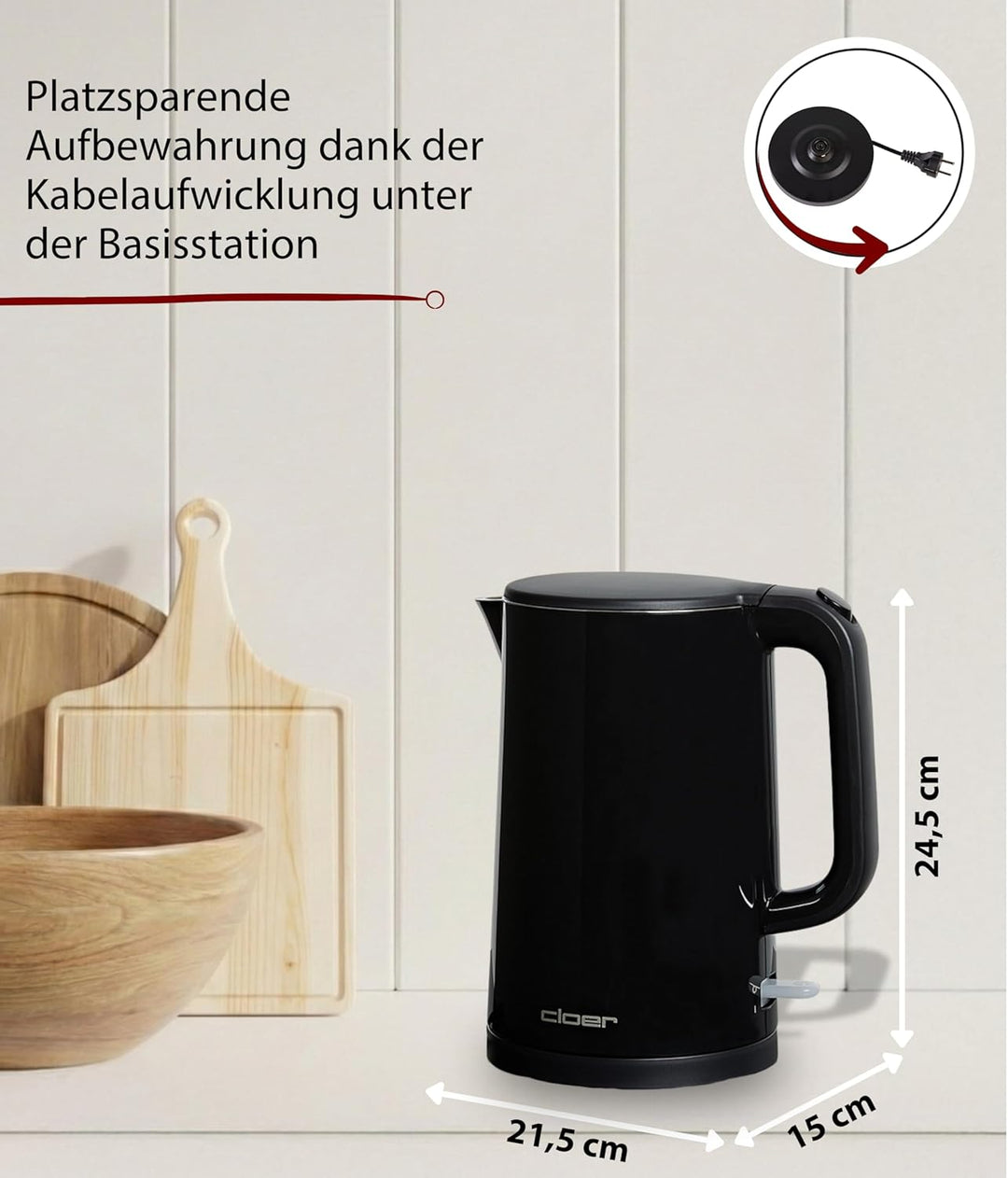 Cloer 4320 Wasserkocher 1,5L,1500W, Edelstahlbehälter & Deckel, automatische Abschaltung, Überhitzun