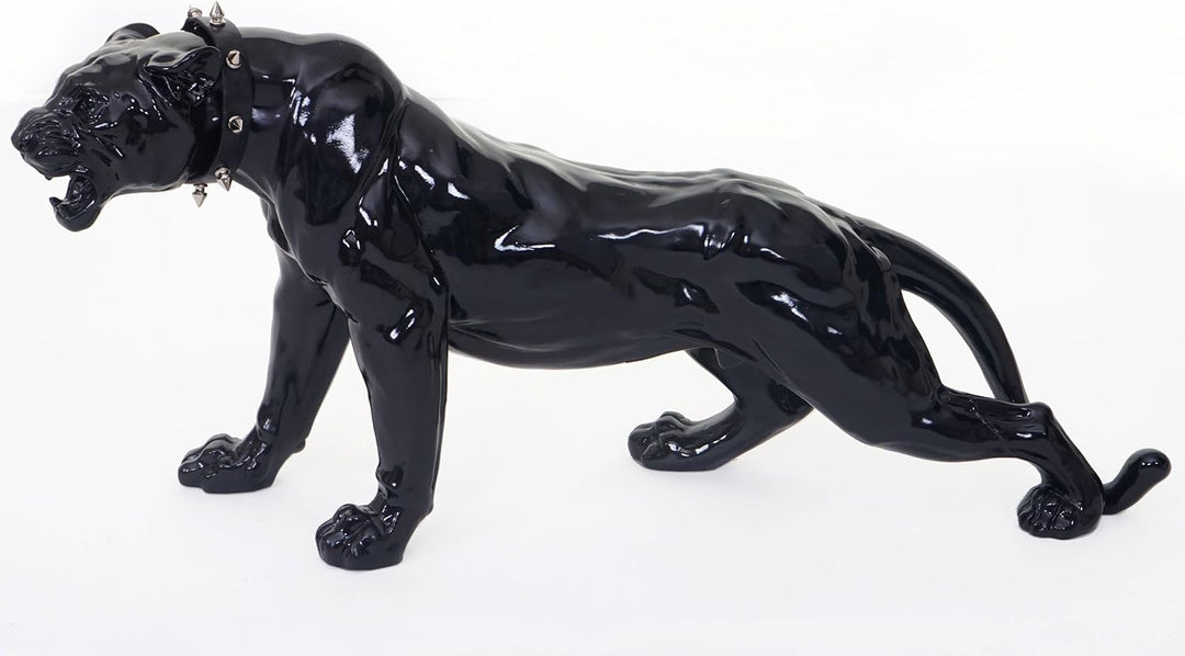 Mendler Deko Figur Leopard 59cm, Polyresin Skulptur Panther, In-/Outdoor - schwarz Hochglanz mit Hal