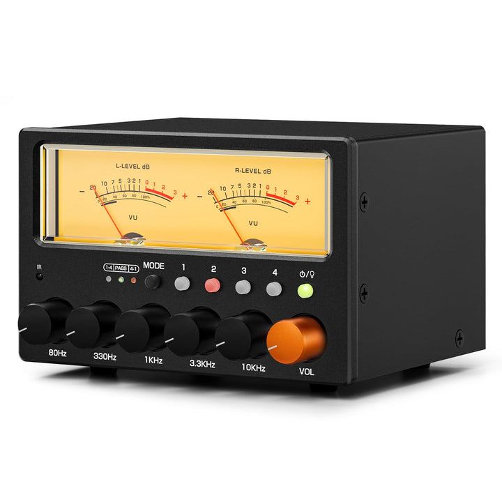 Nobsound D5 4-Wege Audioschalter: 5-Band HiFi Stereo EQ Vorverstärker und Cinch Splitter mit VU-Mete