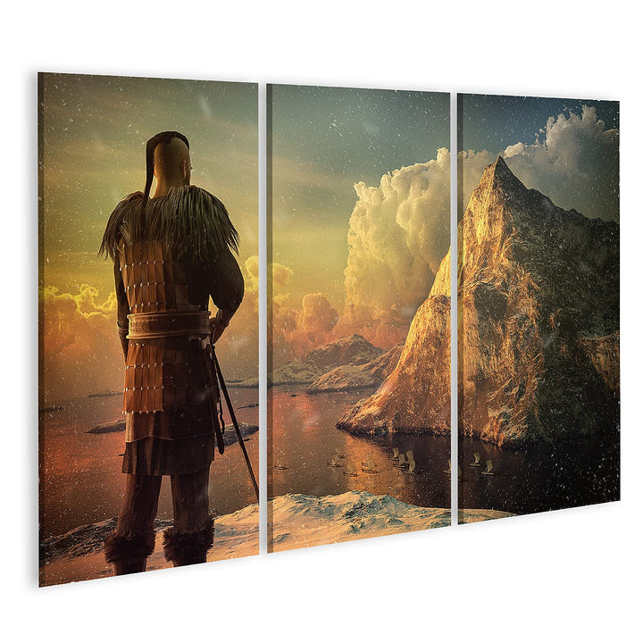 islandburner Bild auf Leinwand Wikinger Krieger Meer Schnee Berg Bilder Wandbilder Poster 130x80cm -
