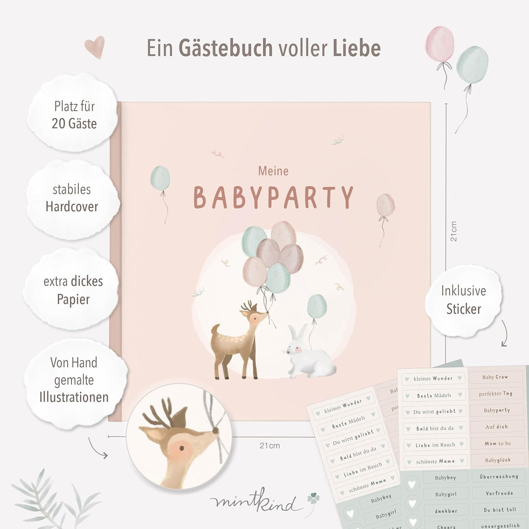 mintkind® Gästebuch "Meine Babyparty" Rosa - Babyparty Geschenk für Junge & Mädchen, Baby Shower & G