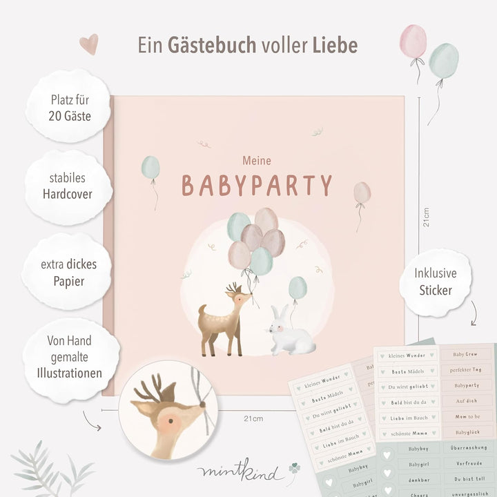 mintkind® Gästebuch "Meine Babyparty" Rosa - Babyparty Geschenk für Junge & Mädchen, Baby Shower & G
