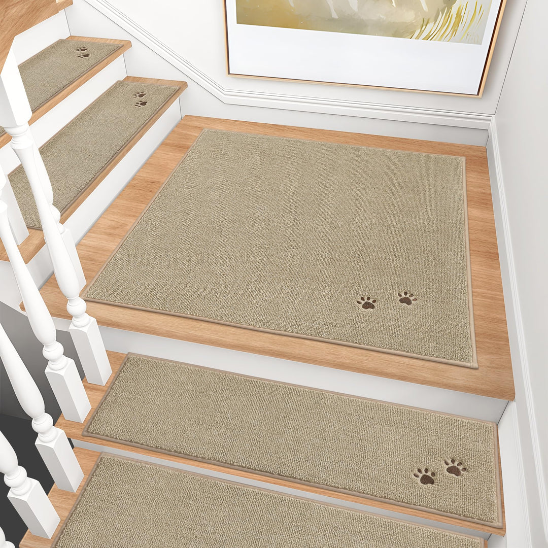 BEQHAUSE Treppeneckmatten Stufenmatten Innen rutschfest, 76X76cm, Beige | Maschinenwaschbare Treppen