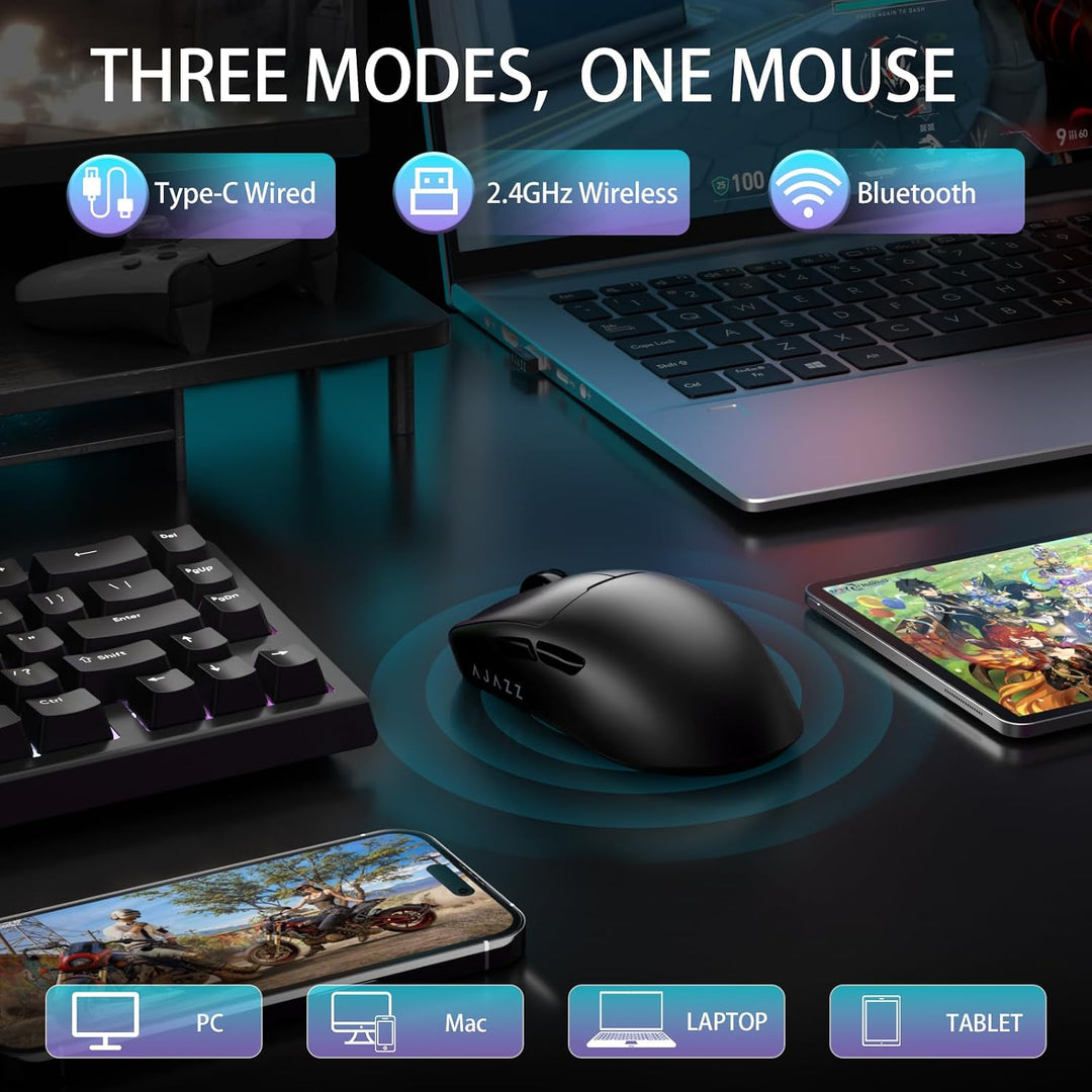 A.JAZZ AJ159V2MC Kabellose Gaming-Maus, Tri-Mode BT/2.4G/Type-C Kabel, Optischer PixArt 3311 Sensor