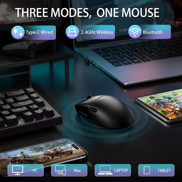 A.JAZZ AJ159V2MC Kabellose Gaming-Maus, Tri-Mode BT/2.4G/Type-C Kabel, Optischer PixArt 3311 Sensor