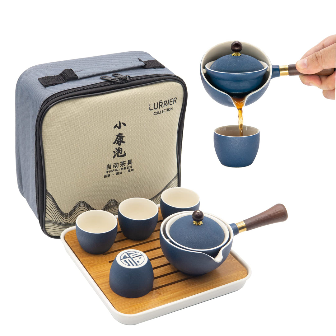 Lurrier Chinesisches Gongfu-Teeset aus Porzellan, Teekannen-Set mit 360 Grad drehbarem Teebereiter u