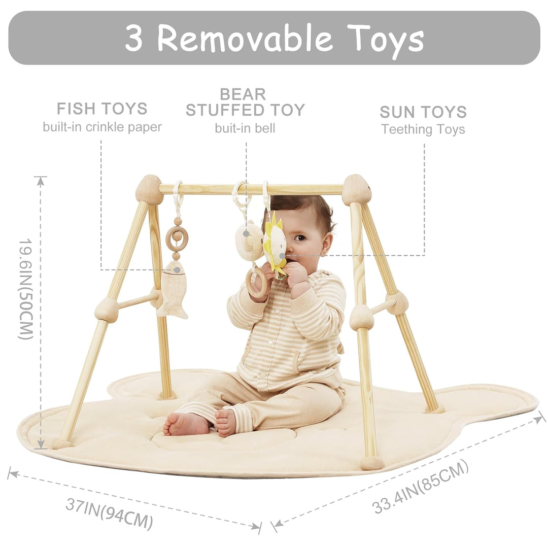 4 IN 1 Bär Spielbogen Baby, Spielmatte Babies mit Natur Holz Activity Spielbogen, 3 abnehmbaren Spie