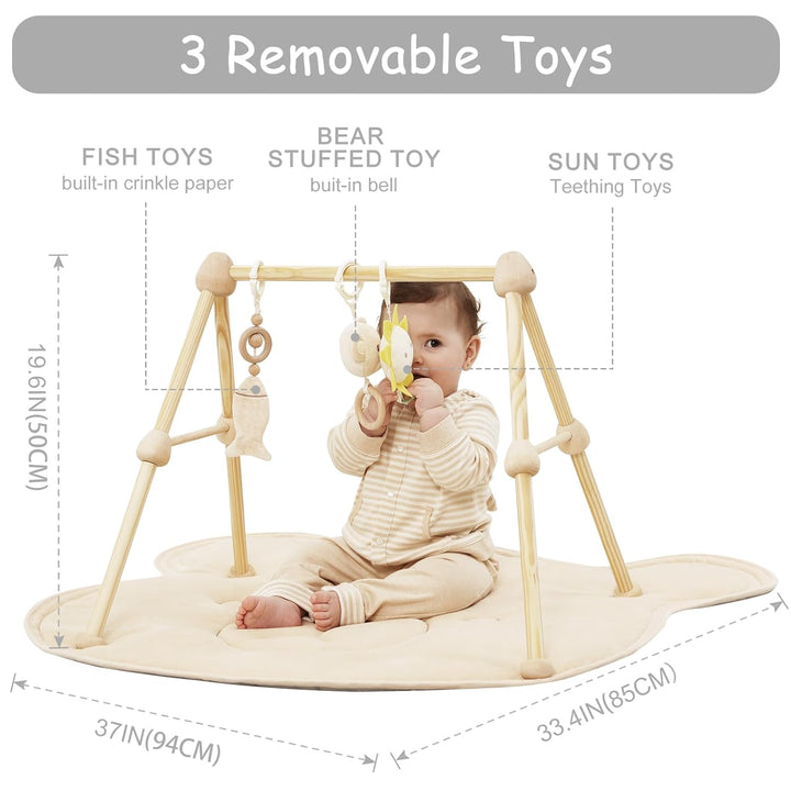 4 IN 1 Bär Spielbogen Baby, Spielmatte Babies mit Natur Holz Activity Spielbogen, 3 abnehmbaren Spie