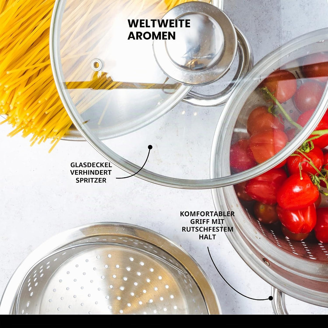 KitchenCraft World of Flavours Pastatopf mit Sieb und Gemüsedampfkorb in Geschenkbox, induktionssich