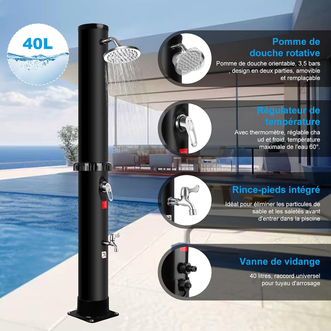 Gartendusche 40 Liter Solardusche Aussendusche mit Drehbarer Regenduschkopf und Wasserhahn, Pooldusc