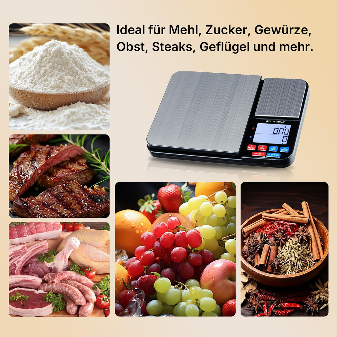 Digitale Küchenwaage mit 2 Plattformen,USB Wiederaufladbar – 10kg/1g & 500g/0,01g Dual Plattform Prä